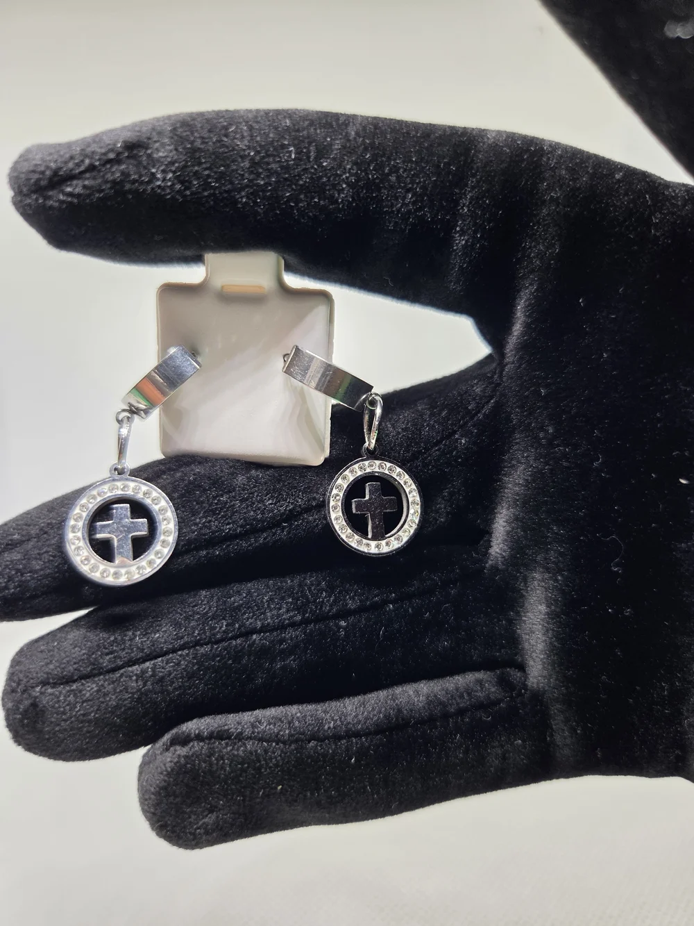 Silver Cross Circle Drop Huggie Earrings
